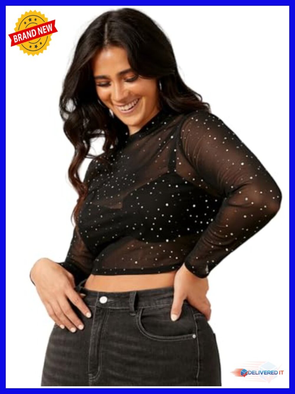 Plus Size Sheer Mesh Mock Neck Rhinestone Crop Top Long Sleeve